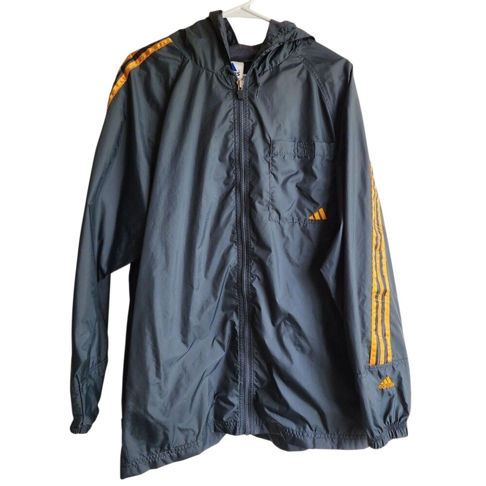 Vintage Adidas Windbreaker Jacket Men’s Size L Gray Orange 3-Stripes Hooded Zip